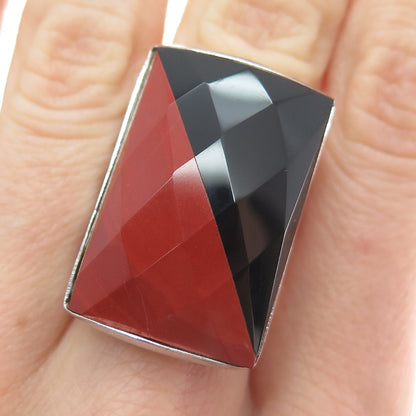 925 Sterling Silver Vintage Real Black Onyx Red Jasper Modernist Ring Size 5.25