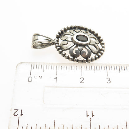 JEZLAINE 925 Sterling Silver Vintage Real Black Spinel Ornate Pendant