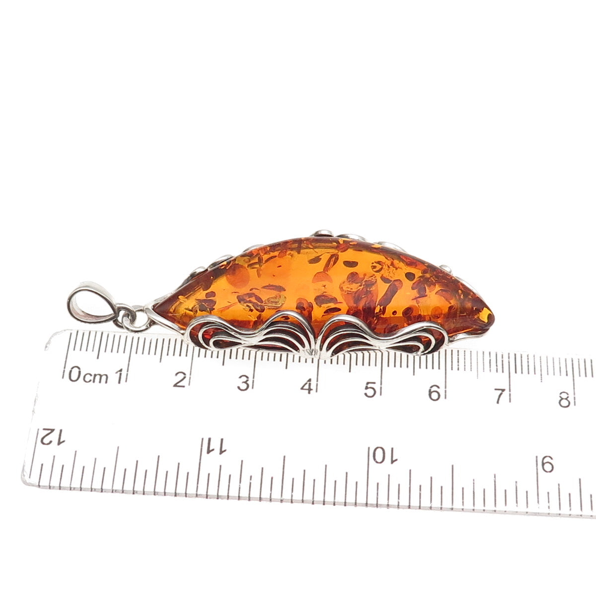925 Sterling Silver Vintage K Poland Real Amber Modernist Oxidized Pendant