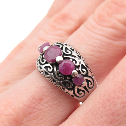 925 Sterling Silver Vintage Real Round-Cut Ruby Swirl Oxidized Ring Size 7