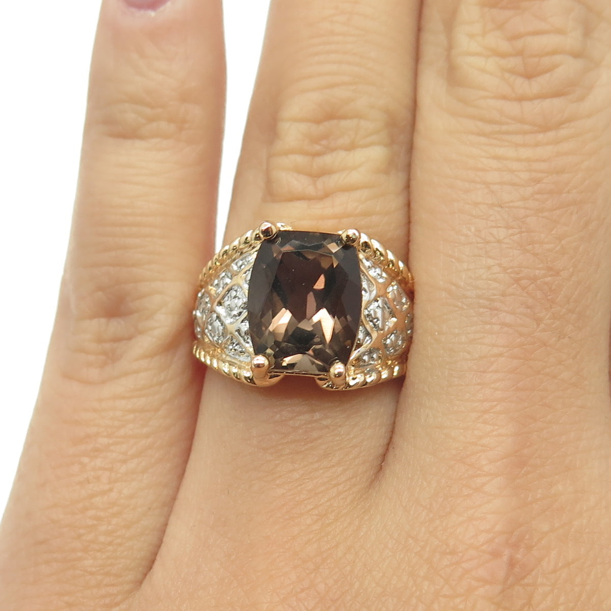 925 Sterling Silver Gold Plated Real Diamond Accent & Smoky Quartz Ring Size 6