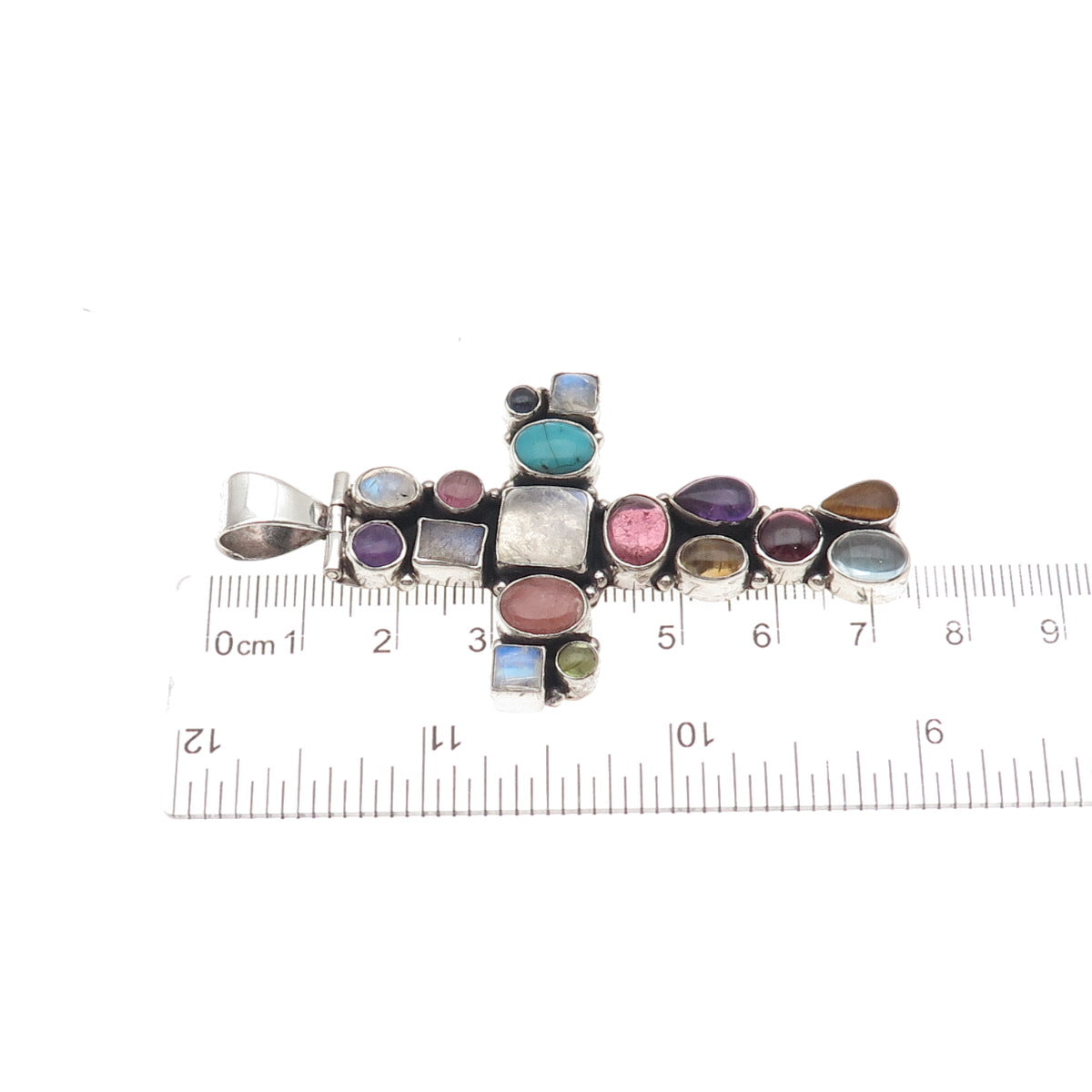 Sajen Sterling Silver Vintage Real Tourmaline Moonstone Turquoise Cross Pendant