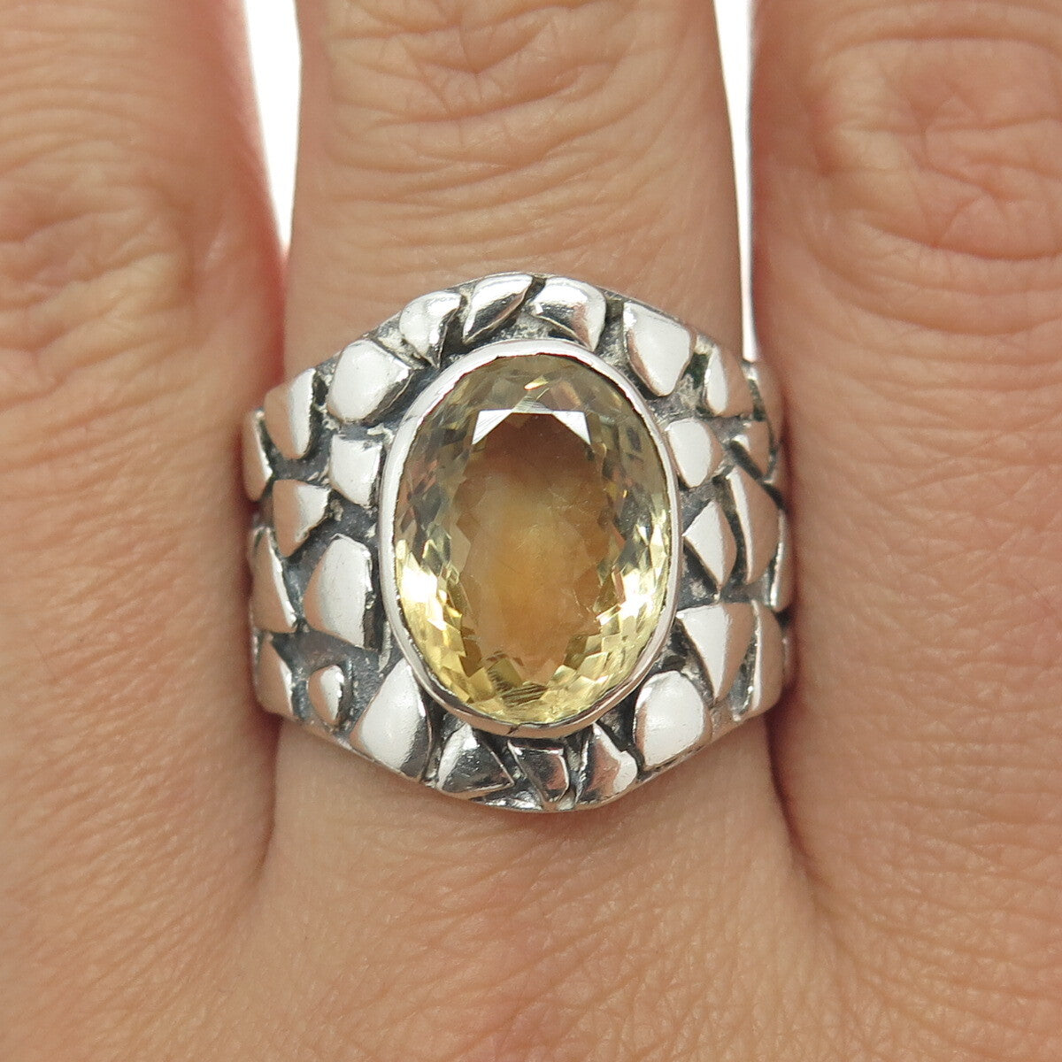 925 Sterling Silver Vintage Real Citrine Gemstone Pebble Wide Ring Size 9