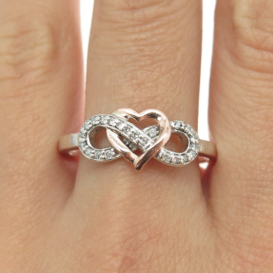 925 Sterling Silver & 10K Rose Gold Real Diamond Infinity Heart Ring Size 11.75