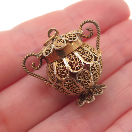 833 Silver Gold Plated Antique Art Deco Portugal Filigree Pot 3D Charm Pendant