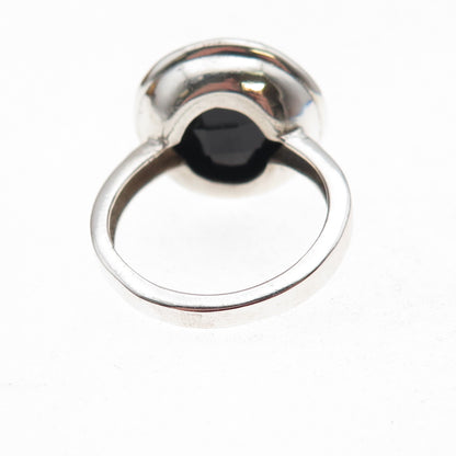925 Sterling Silver Vintage Real Black Onyx Modernist Oxidized Ring Size 8