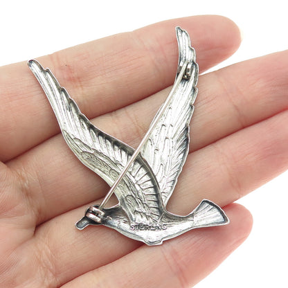 925 Sterling Silver Antique Art Deco Seagull Bird Repousse Oxidized Pin Brooch