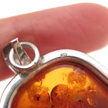 925 Sterling Silver Vintage Real Amber Modernist Pendant