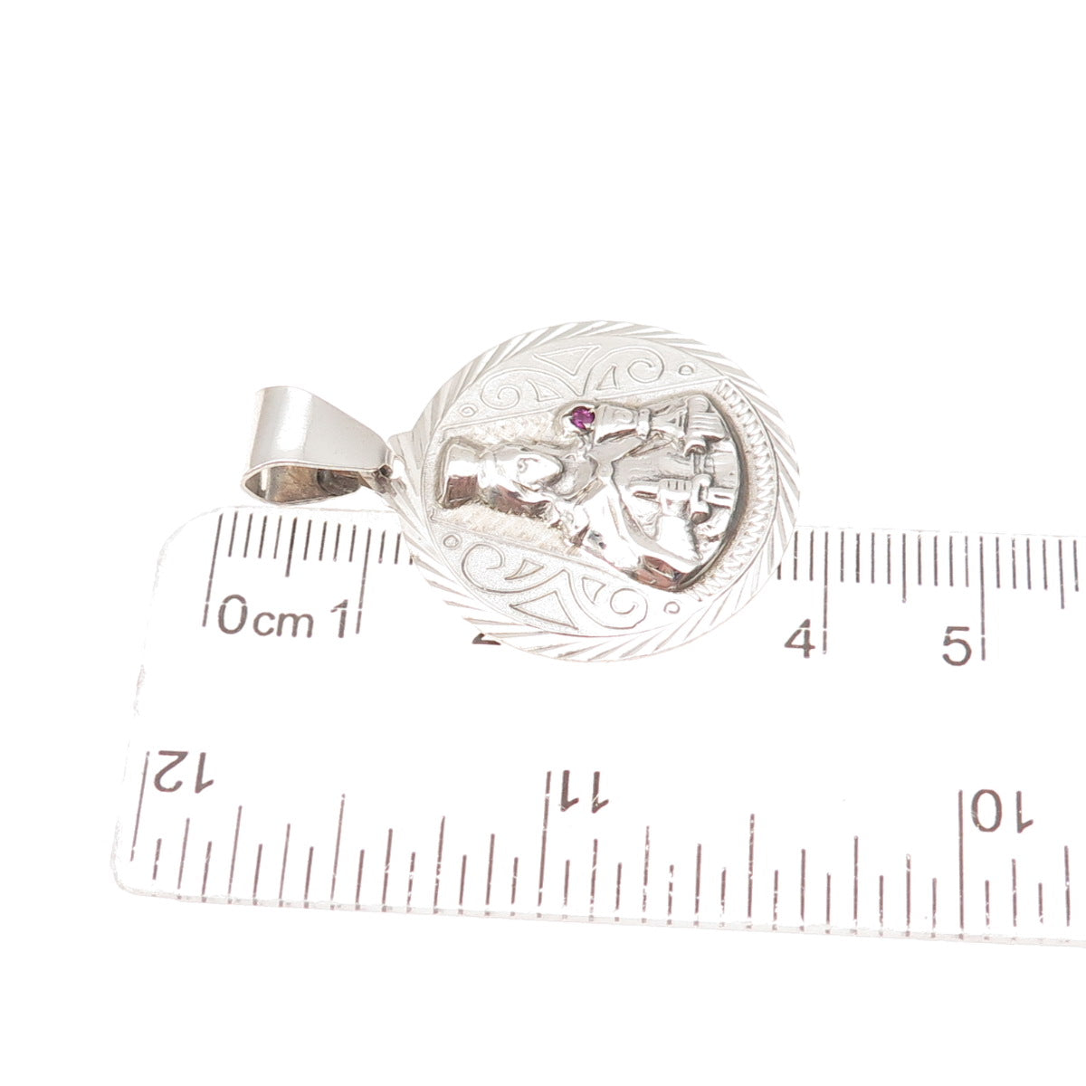 925 Sterling Silver Vintage Real Ruby St. Barbara Religious Medal Charm Pendant