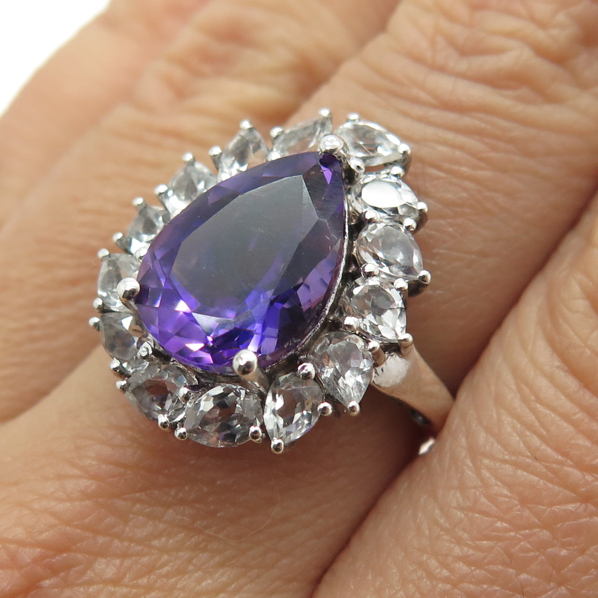 CHUCK CLEMENCY 925 Sterling Silver White Topaz & Amethyst Gem Ring Size 7.25