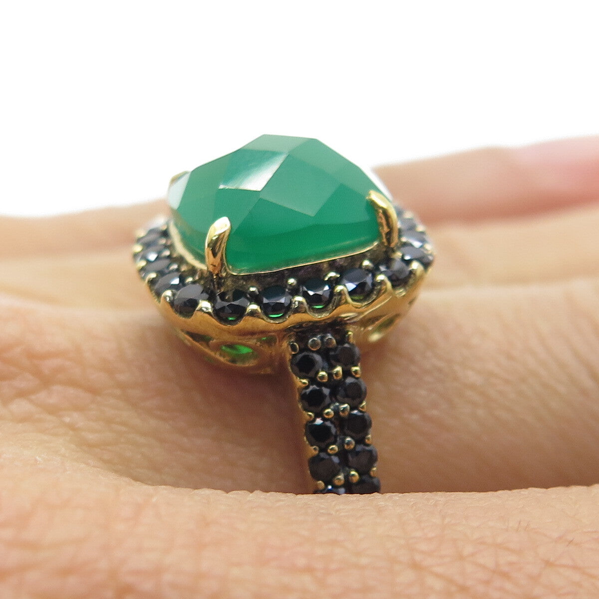 925 Sterling Silver Gold Plated Real Green Onyx & Black Spinel Ring Size 7.25