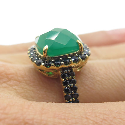 925 Sterling Silver Gold Plated Real Green Onyx & Black Spinel Ring Size 7.25