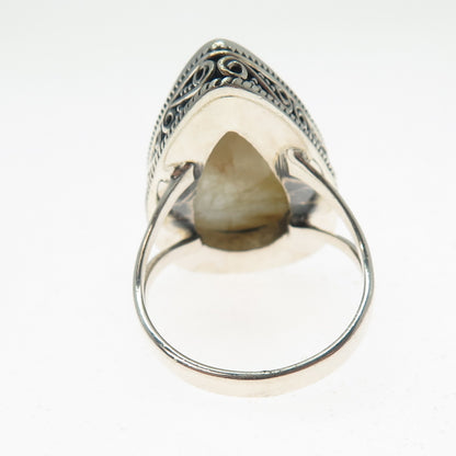 925 Sterling Silver Vintage Real Rutilated Quartz Spiral Oxidized Ring Size 10