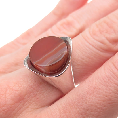 925 Sterling Silver Vintage Real Agate Modernist Oxidized Ring Size 7.25