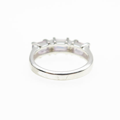 925 Sterling Silver Vintage Real Emerald-Cut Amethyst Round-Cut C Z Ring Size 7