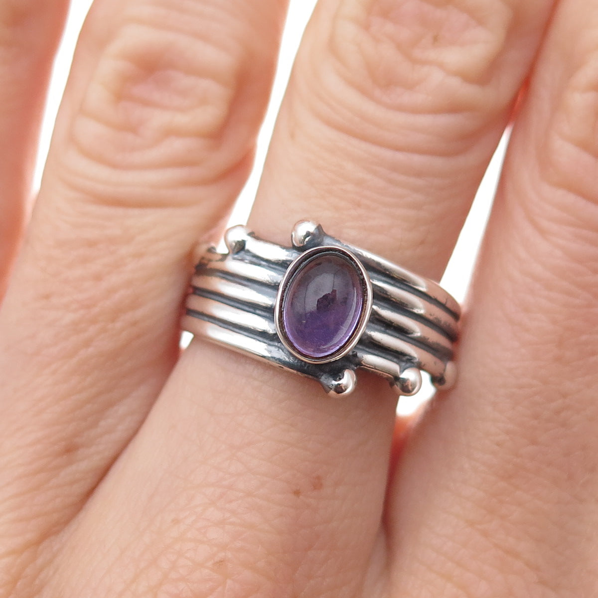 925 Sterling Silver Vintage Real Amethyst Modernist Oxidized Ring Size 8.25