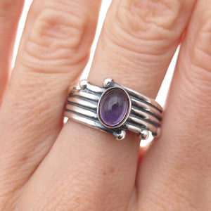 925 Sterling Silver Vintage Real Amethyst Modernist Oxidized Ring Size 8.25