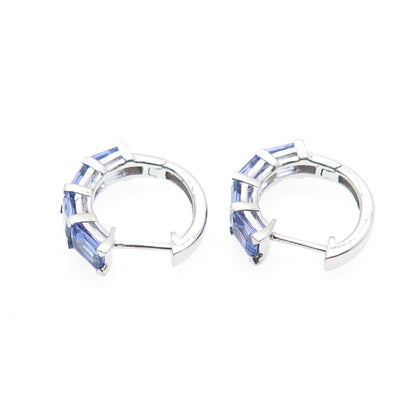 925 Sterling Silver Real Emerald-Cut Tanzanite Hoop Earrings