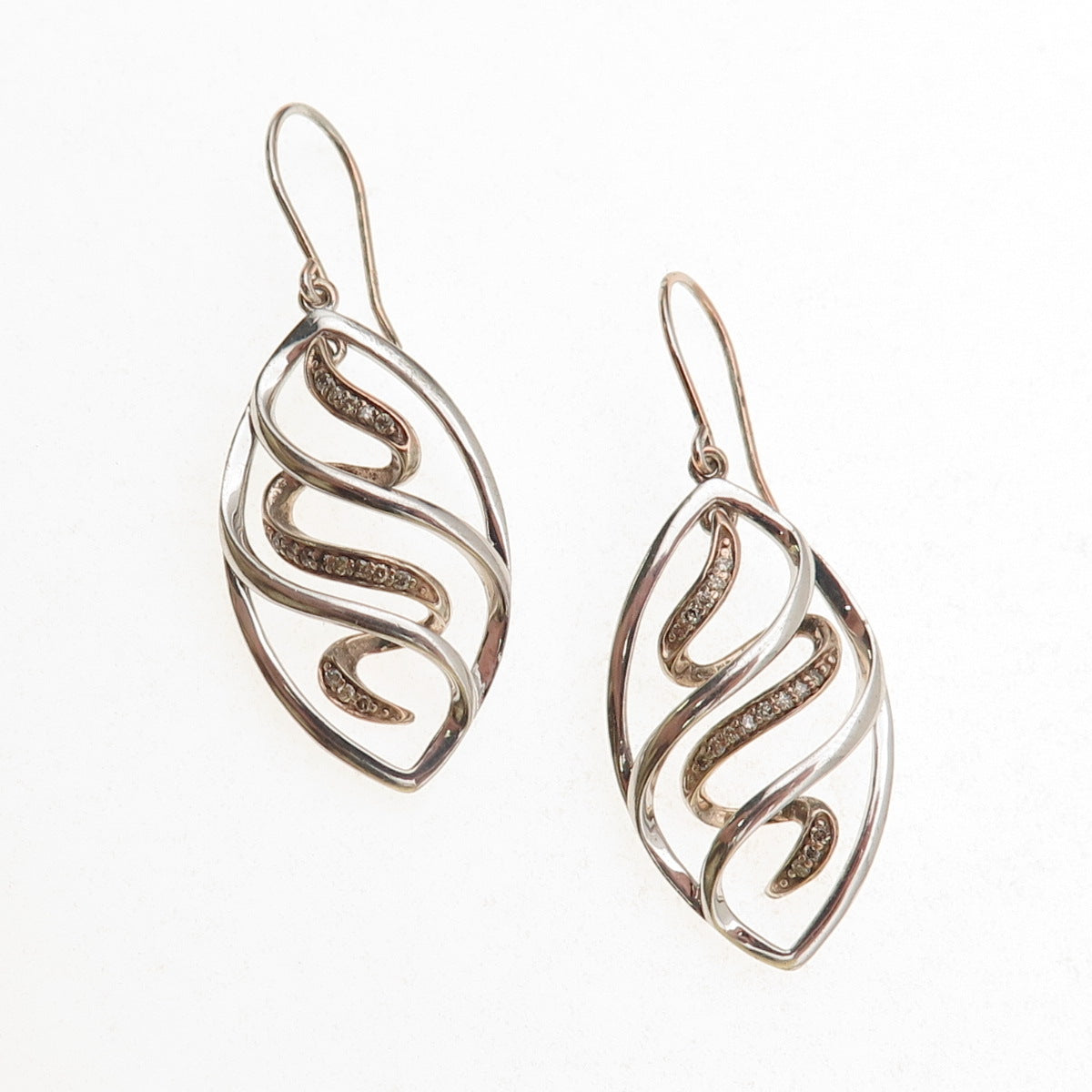 925 Sterling Silver Real Round-Cut Diamond Petal Dangle Earrings