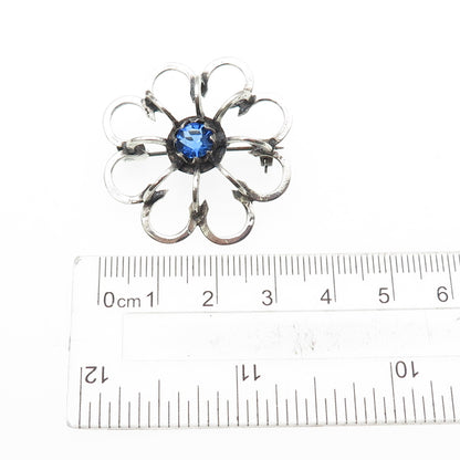935 Silver Vintage Round-Cut Blue Rhinestone Flower Oxidized Pin Brooch