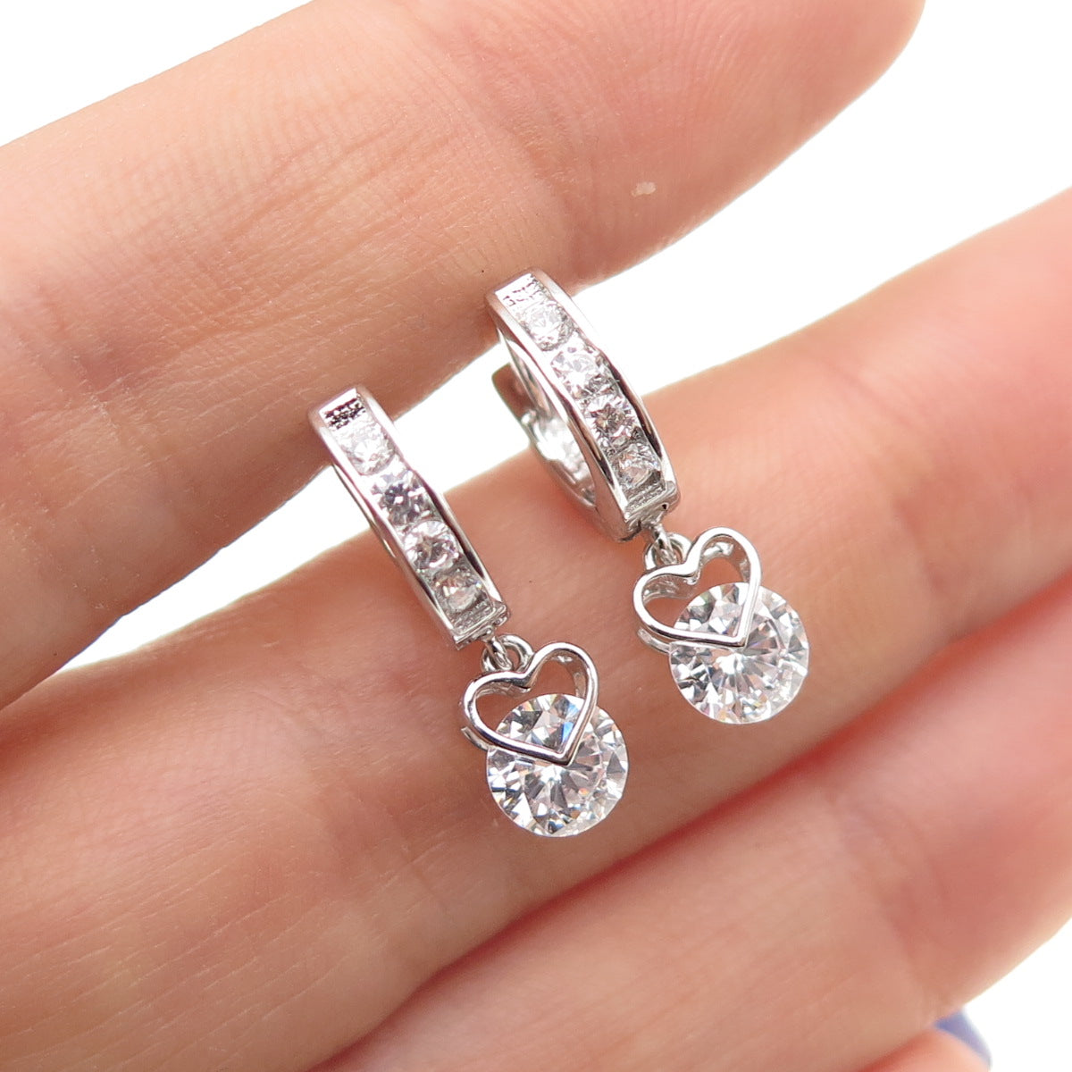 925 Sterling Silver Round-Cut C Z Heart Dangle Hoop Earrings