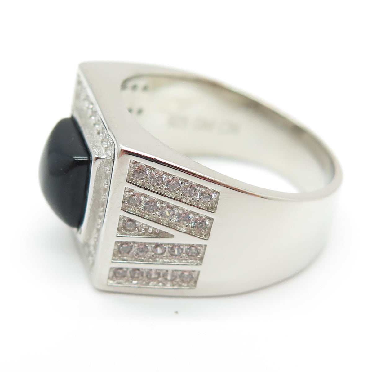 925 Sterling Silver Real Black Onyx & Round-Cut C Z Ring Size 9.25