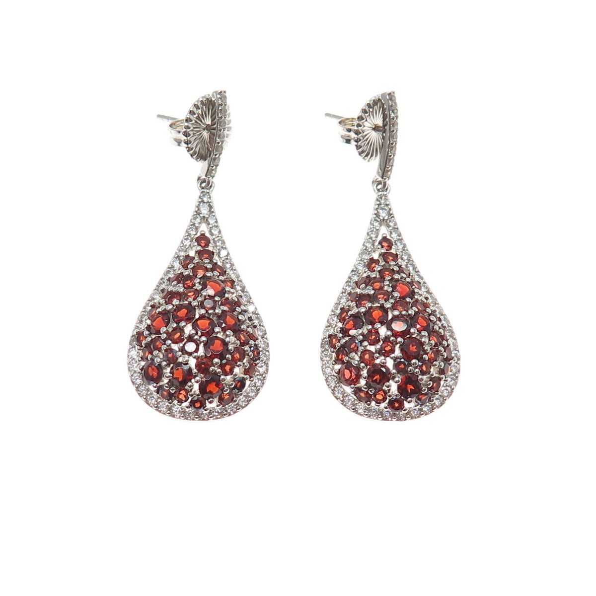 925 Sterling Silver Real Red Garnet & C Z Cluster Teardrop Dangle Earrings