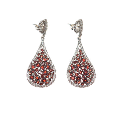 925 Sterling Silver Real Red Garnet & C Z Cluster Teardrop Dangle Earrings
