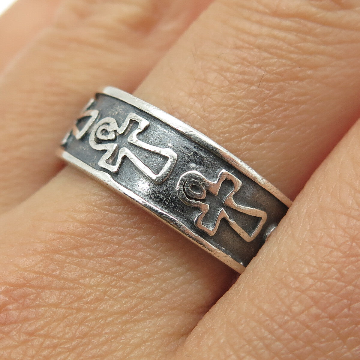 925 Sterling Silver Vintage Egyptian Ankh Oxidized Band Ring Size 12