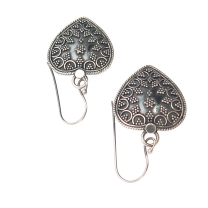 925 Sterling Silver Vintage Heart Granulated Oxidized Dangle Earrings