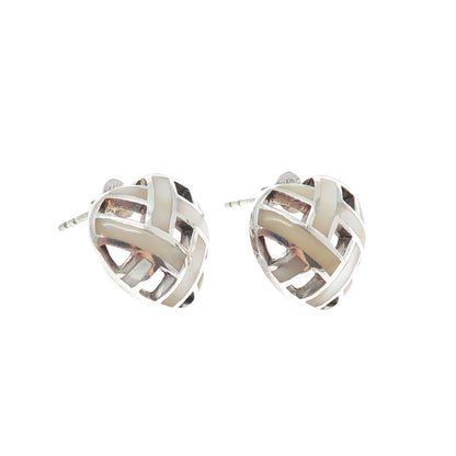 925 Sterling Silver Vintage Real MOP Woven Heart Stud Earrings