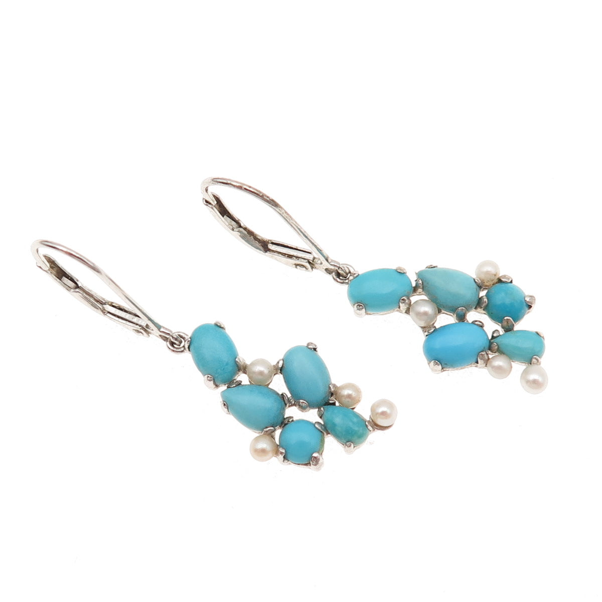 925 Sterling Silver Real Turquoise & Pearl Cluster Dangle Earrings