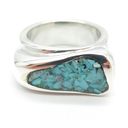 B/C NED BOWMAN Sterling Silver Vintage Turquoise Inlay Modernist Ring Size 8.5