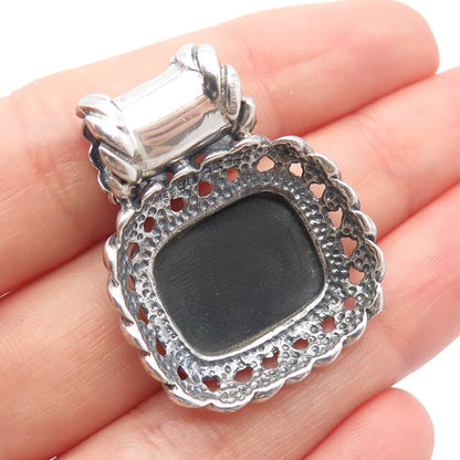 925 Sterling Silver Vintage Real Black Onyx Gemstone Ornate Pendant