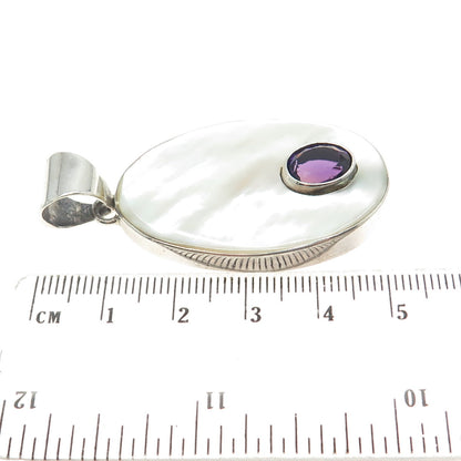 925 Sterling Silver Vintage Real Amethyst & MOP Oval Pendant