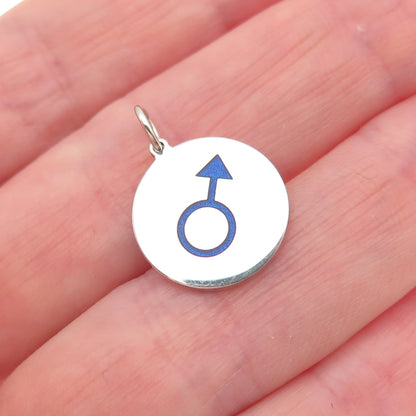 925 Sterling Silver Blue Enamel Male Symbol Round Tag Mini Charm Pendant
