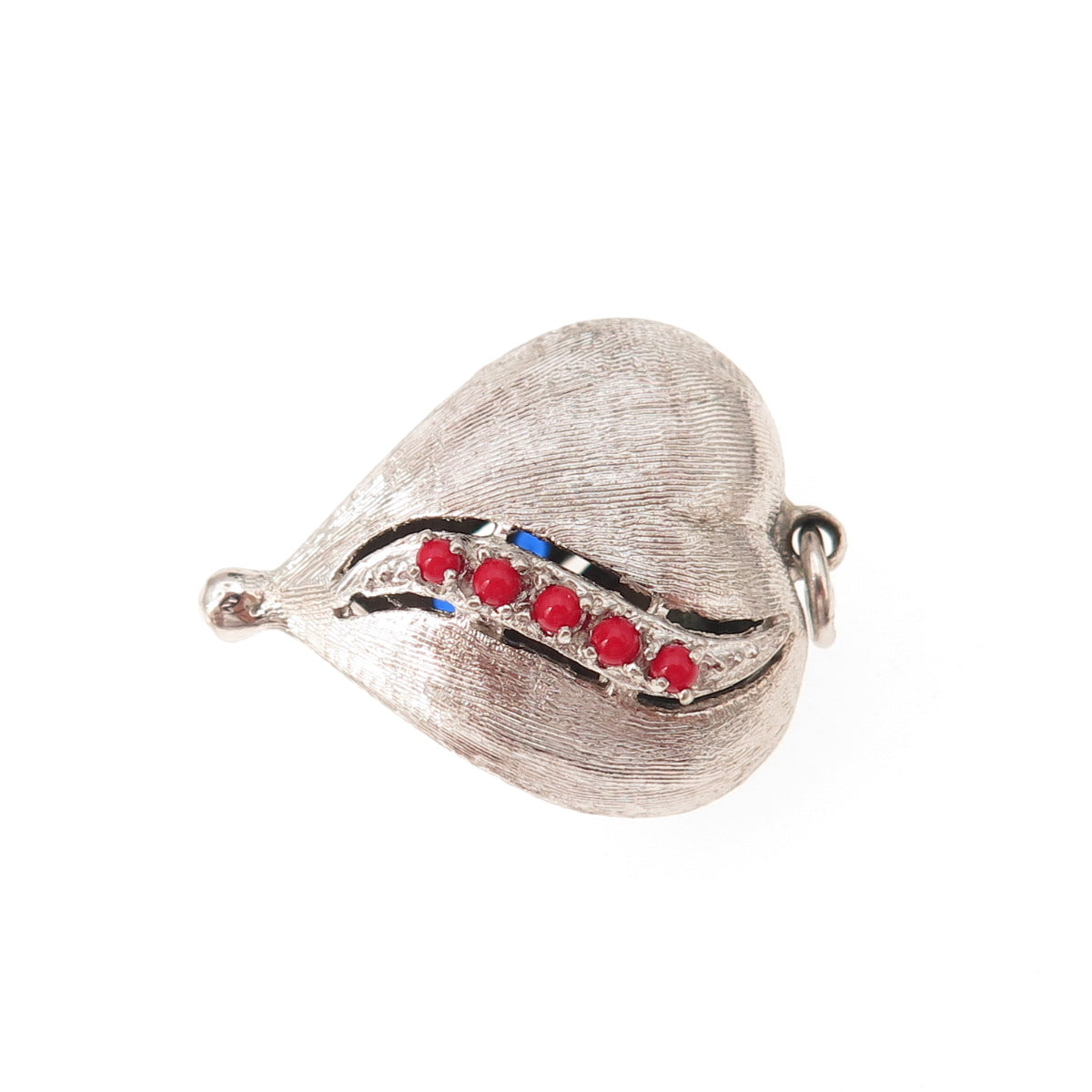 925 Sterling Silver Vintage Red & Blue Rhinestone Heart Puffy Oxidized Pendant