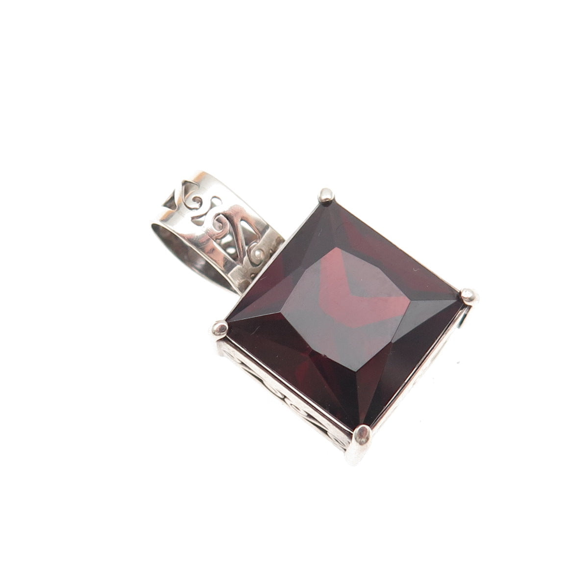 925 Sterling Silver Vintage Real Princess-Cut Red Garnet Mini Charm Pendant