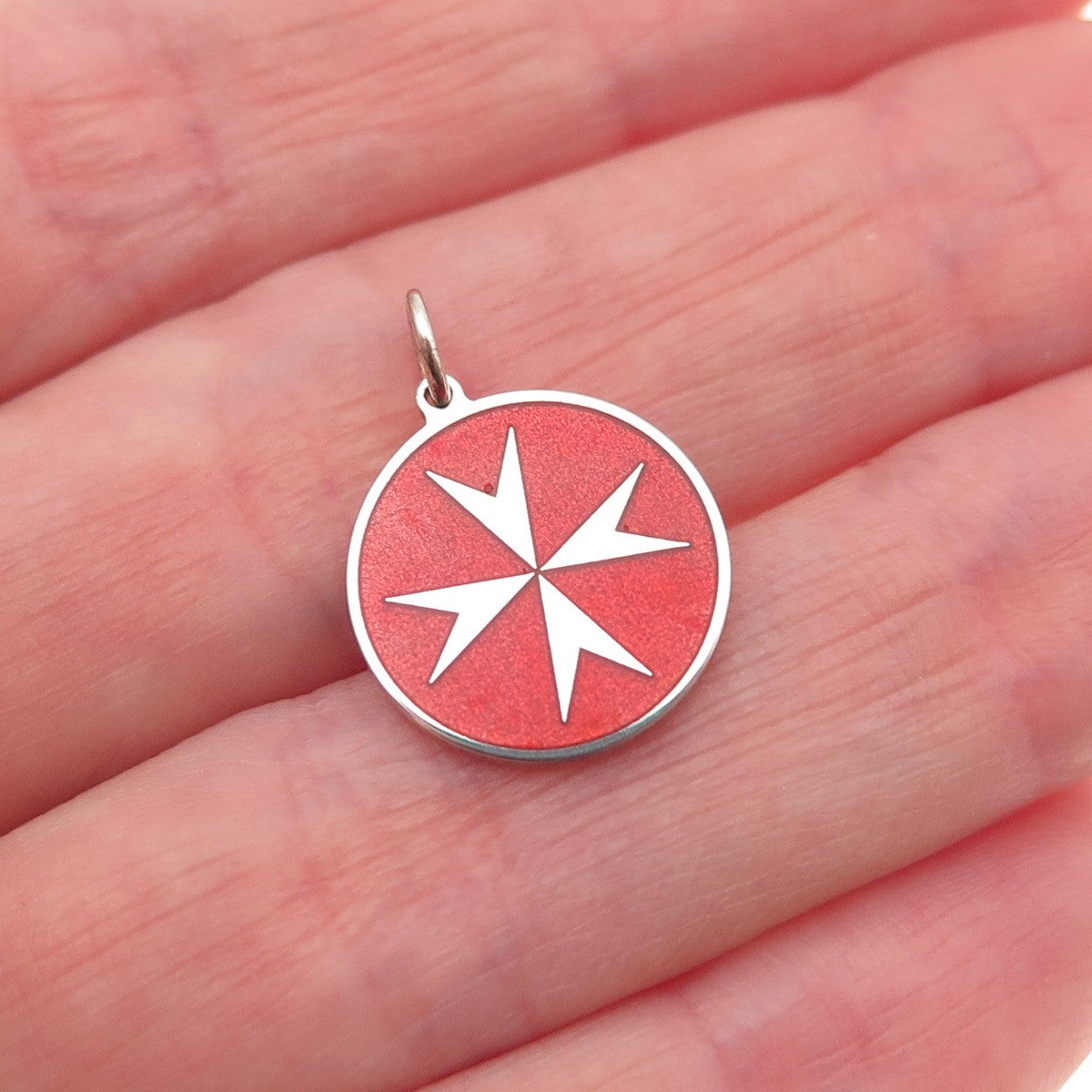 925 Sterling Silver Red Enamel Maltese Cross Round Tag Mini Charm Pendant