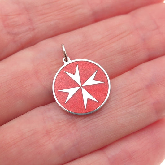 925 Sterling Silver Red Enamel Maltese Cross Round Tag Mini Charm Pendant