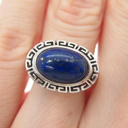 925 Sterling Silver Vintage Real Cabochon Lapis Lapis Greek Key Ring Size 6