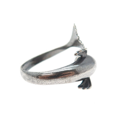 925 Sterling Silver Vintage Dolphin Oxidized Adjustable Ring Size 6.75
