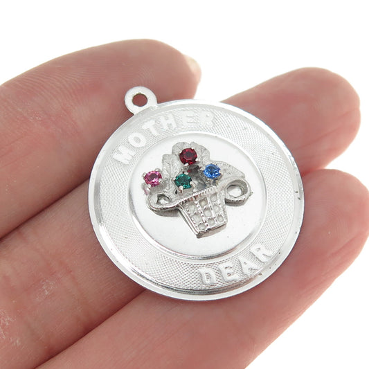 925 Sterling Silver Vintage Multi-Color Rhinestone "Dear Mother" Floral Pendant