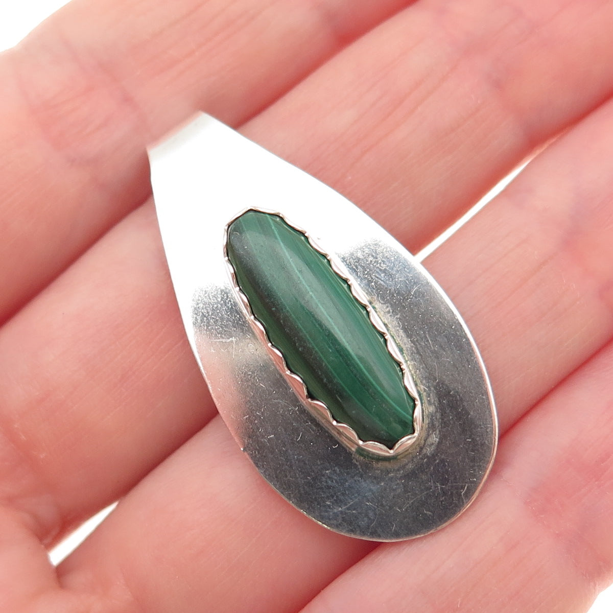 Old Pawn 925 Sterling Silver Vintage Southwestern Malachite Tribal Slide Pendant