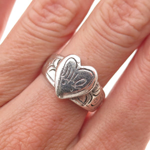 925 Sterling Silver Antique Art Deco Heart Oxidized Signet Ring Size 6.75