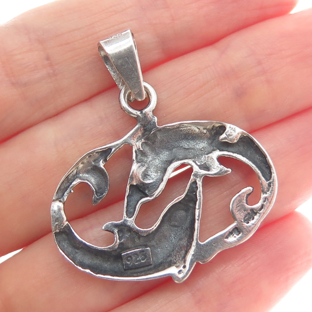 925 Sterling Silver Vintage Couple of Dolphins Friendship Oxidized Pendant