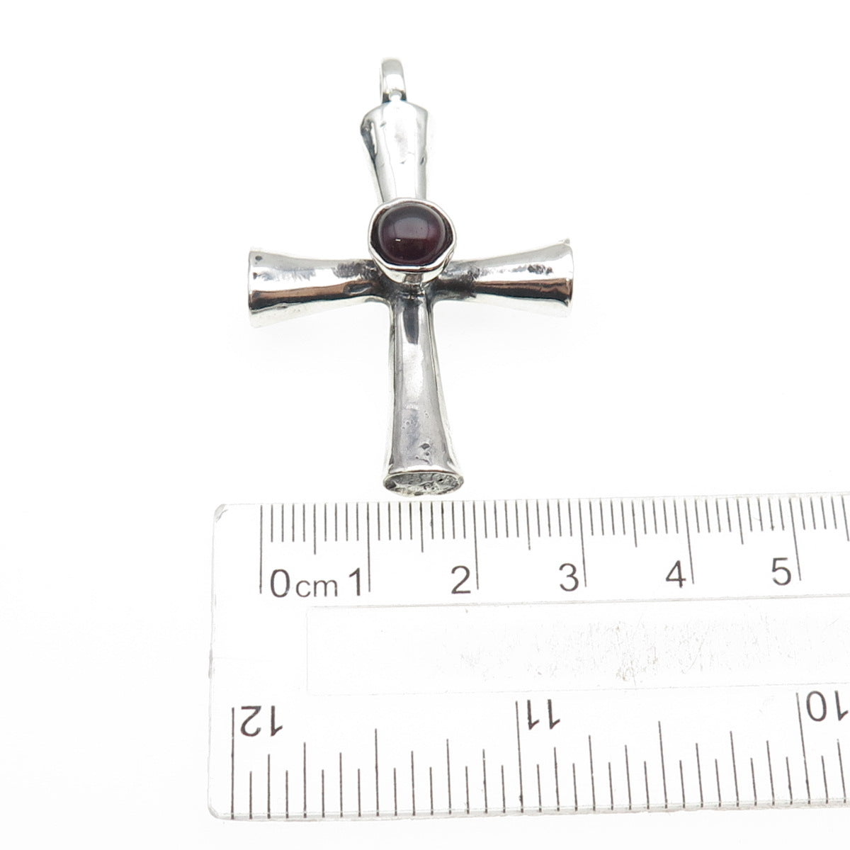 925 Sterling Silver Vintage Real Rhodolite Modernist Cross Oxidized Pendant