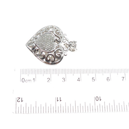 925 Sterling Silver Real Round-Cut Diamond Ornate Heart Charm Pendant