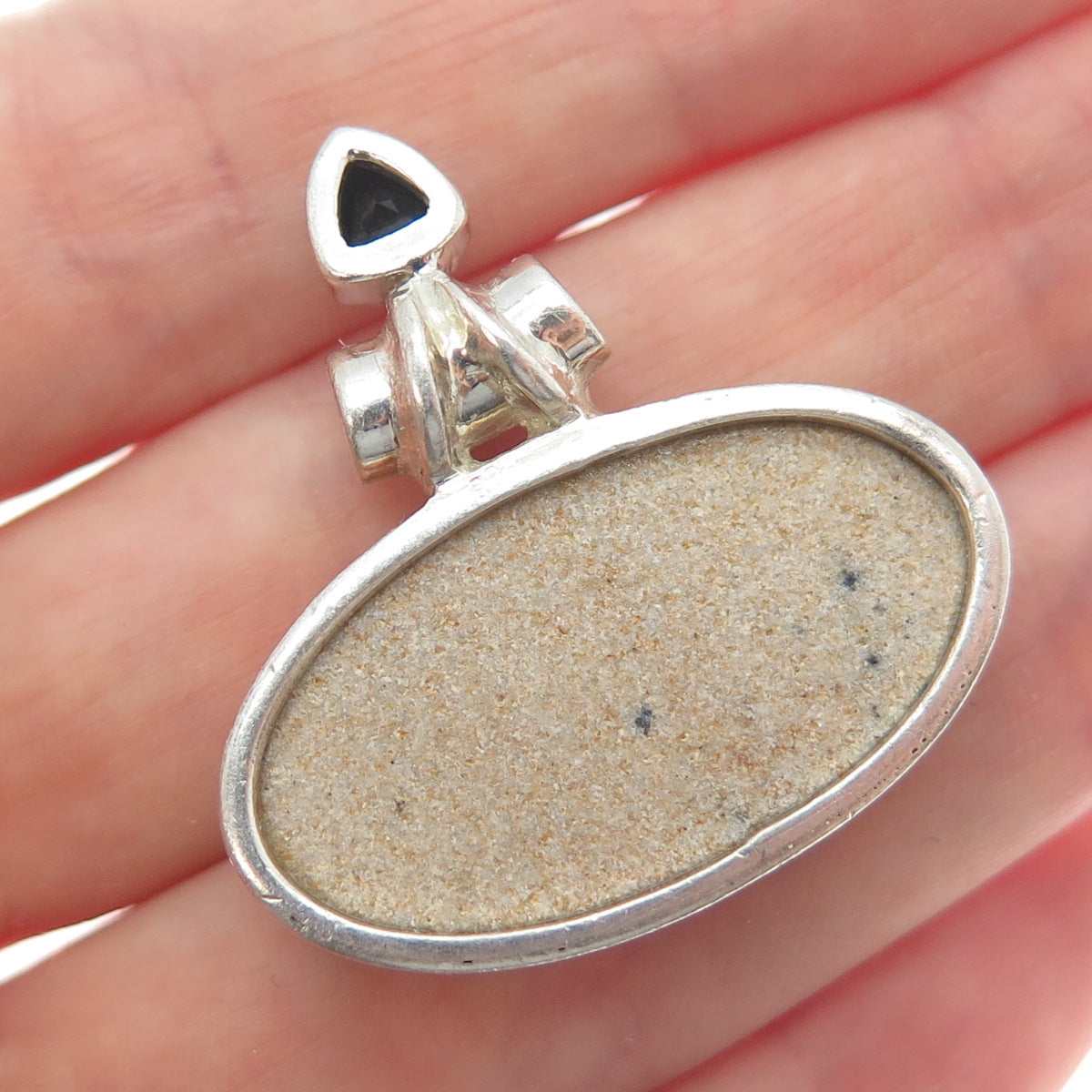 925 Sterling Silver Vintage Real Dendritic Psilomelane & Spinel Slide Pendant