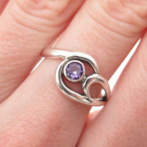 925 Sterling Silver Vintage Real Amethyst Modernist Swirl Ring Size 6.75